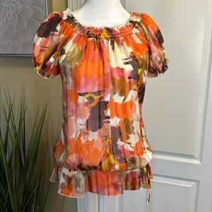 I.N. San Francisco floral boho short sleeved blouse with drawstring waist, Large